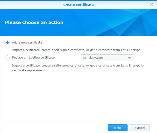 Tilføj nyt certifikat dialog
